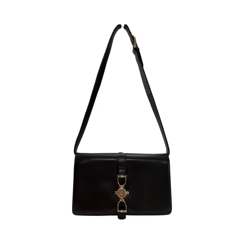 Celine Vintage Céline Horsebit Logo Dark Brown Leather Shoulder Bag Made in Italy