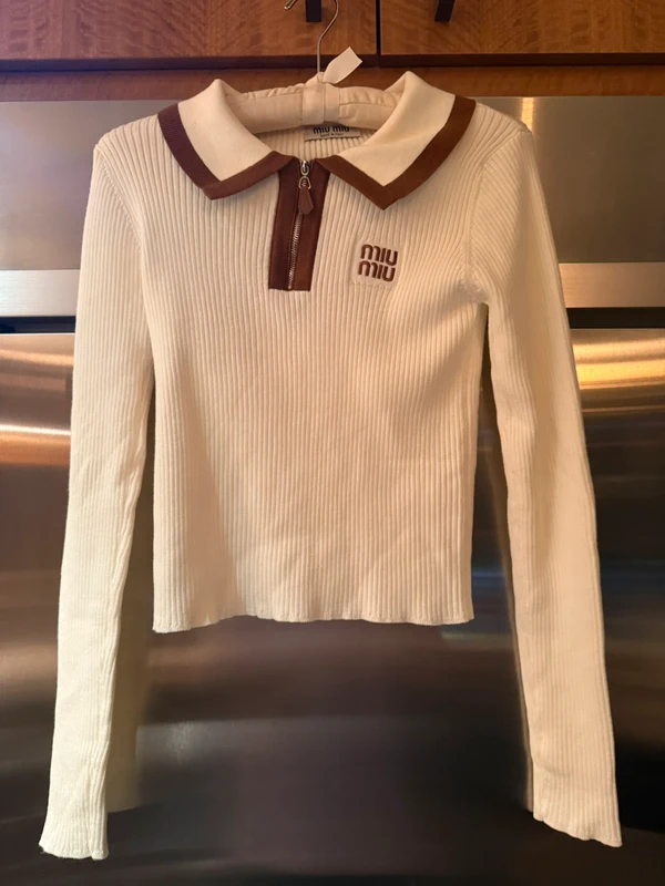 Miu Miu Miu Miu White/Brown Polo Shirt With Zipper