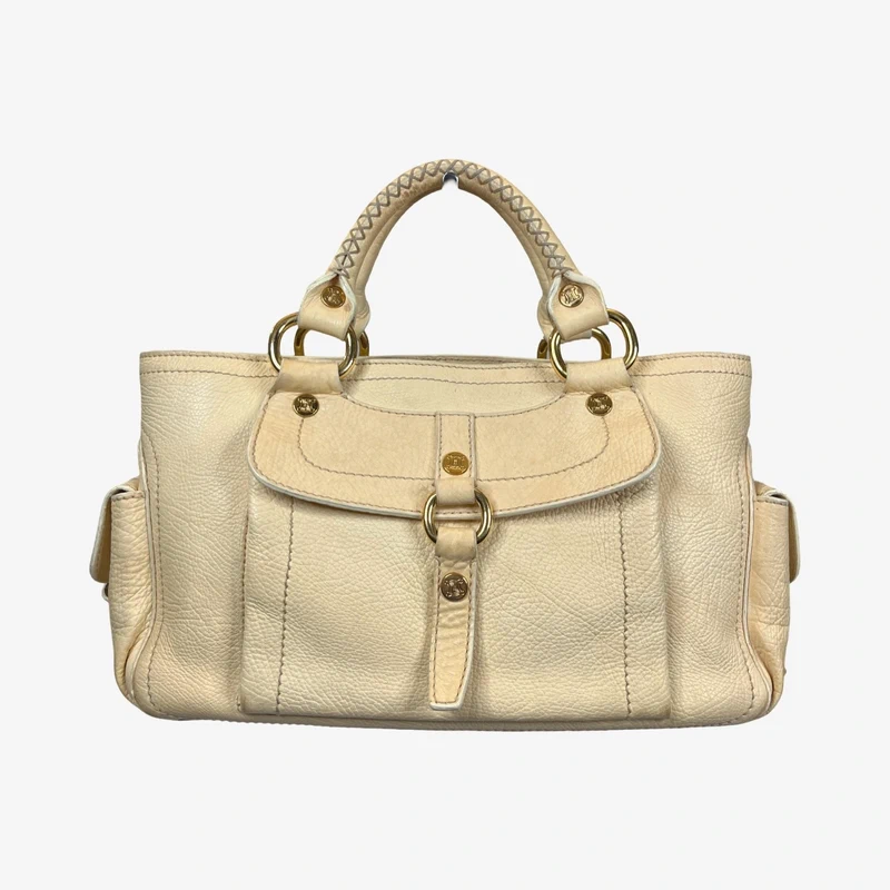 Prada Céline  Vintage Boogie Bag Pale Yellow Pebbled Leather Top Handle Satchel