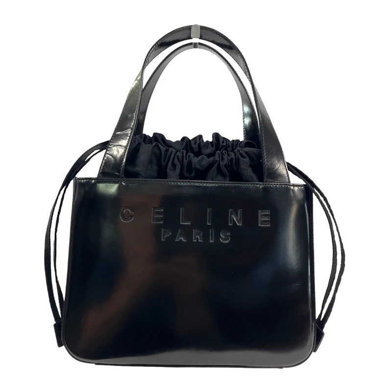 Celine Celine Black Patent Leather Drawstring Logo Tote Bag Structured Top Handle Purse
