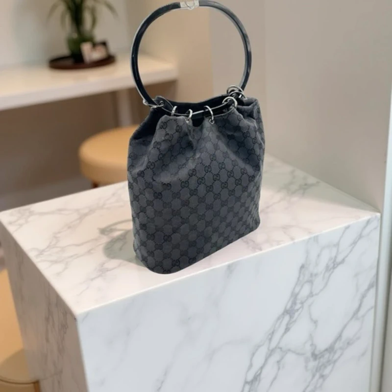 Tom Ford Gucci GG Monogram Bucket Bag Black Resin Ring Handles Vintage Frida Giannini
