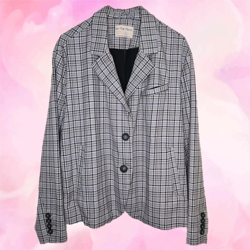 Dolce & Gabbana We The Free by Free People Plaid Blazer - Size L - Gray/Black with Soft Pink