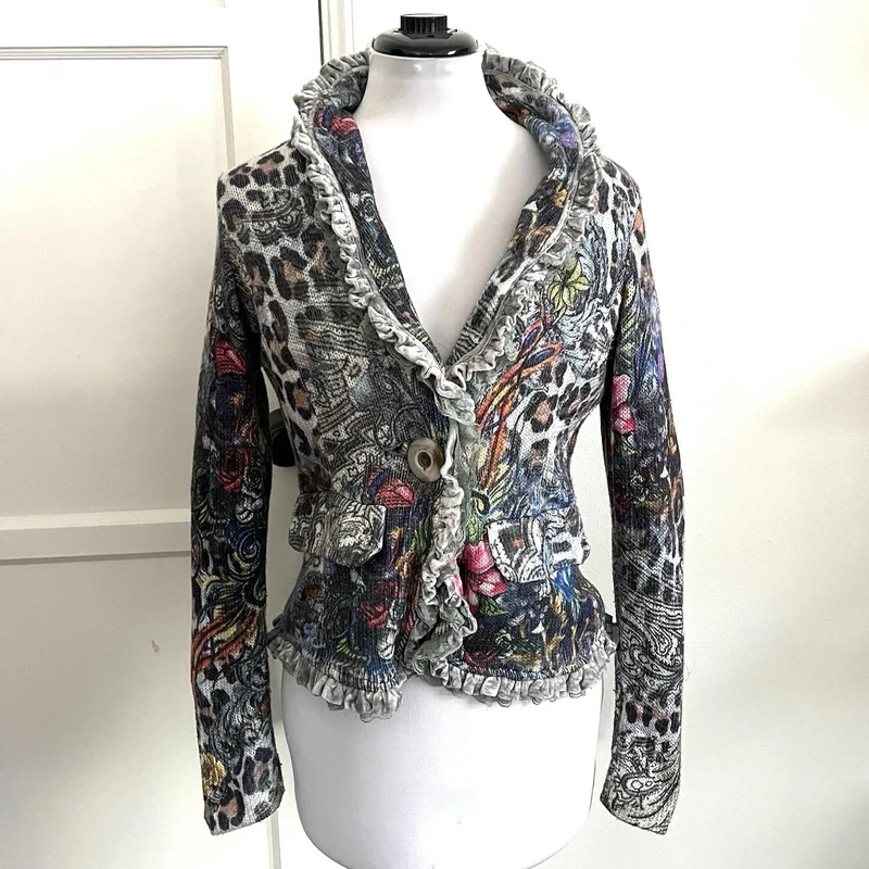 Alaïa Vintage Alberto Makali Patchwork Sweater Jacket Ruched Ruffle Lace Cardigan sz S